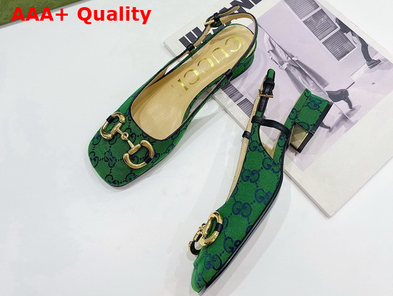 Gucci Womens GG Multicolor Mid Heel Slingback with Horsebit Green and Blue GG Canvas 643892 Replica