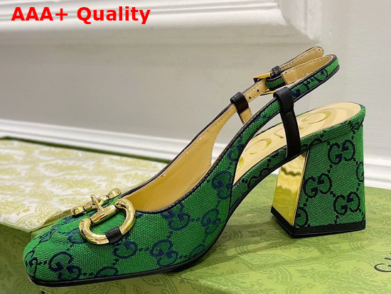 Gucci Womens GG Multicolor Mid Heel Slingback with Horsebit Green and Blue GG Canvas 643892 Replica