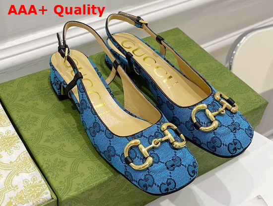 Gucci Womens GG Multicolor Mid Heel Slingback with Horsebit Light Blue and Blue 643892 Replica