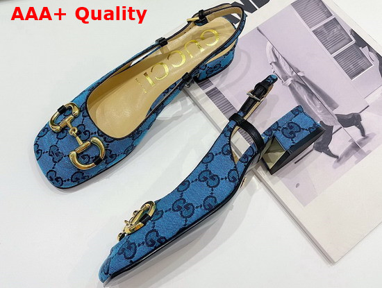 Gucci Womens GG Multicolor Mid Heel Slingback with Horsebit Light Blue and Blue 643892 Replica