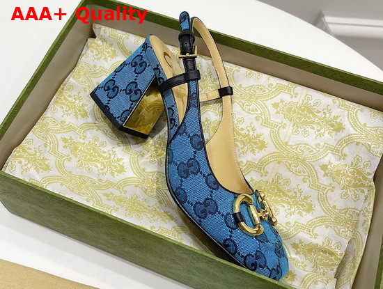 Gucci Womens GG Multicolor Mid Heel Slingback with Horsebit Light Blue and Blue 643892 Replica