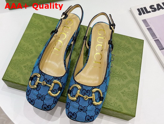 Gucci Womens GG Multicolor Mid Heel Slingback with Horsebit Light Blue and Blue 643892 Replica