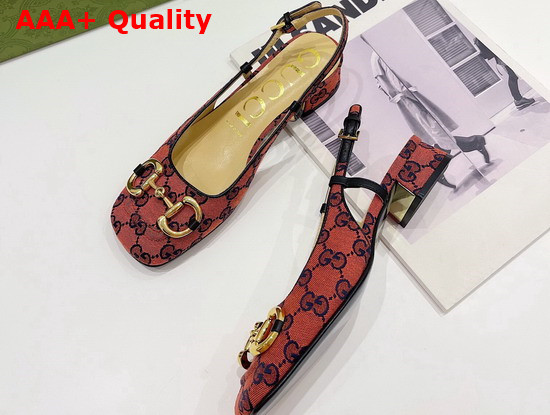 Gucci Womens GG Multicolor Mid Heel Slingback with Horsebit Orange and Blue GG Canvas 643892 Replica