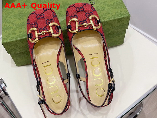 Gucci Womens GG Multicolor Mid Heel Slingback with Horsebit Red and Blue GG Canvas 643892 Replica