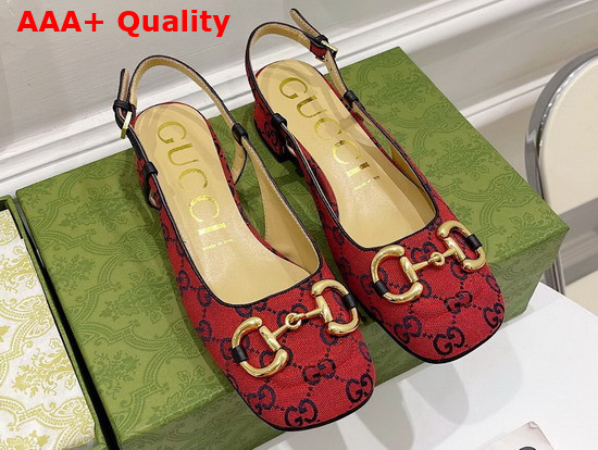 Gucci Womens GG Multicolor Mid Heel Slingback with Horsebit Red and Blue GG Canvas 643892 Replica