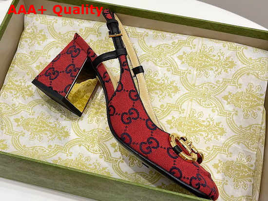 Gucci Womens GG Multicolor Mid Heel Slingback with Horsebit Red and Blue GG Canvas 643892 Replica