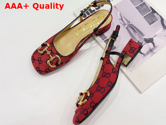 Gucci Womens GG Multicolor Mid Heel Slingback with Horsebit Red and Blue GG Canvas 643892 Replica