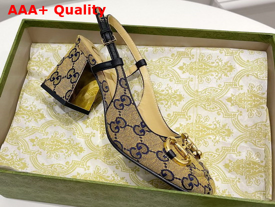 Gucci Womens GG Multicolor Mid Heel Slingback with Horsebit Yellow and Blue GG Canvas 643892 Replica