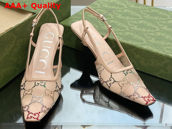 Gucci Womens GG Slingback Pump Beige Mesh with Multicolor GG Crystals 751770 Replica