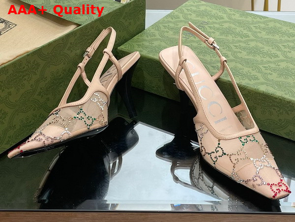 Gucci Womens GG Slingback Pump Beige Mesh with Multicolor GG Crystals 751770 Replica