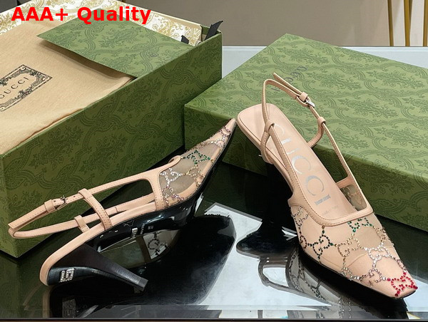 Gucci Womens GG Slingback Pump Beige Mesh with Multicolor GG Crystals 751770 Replica