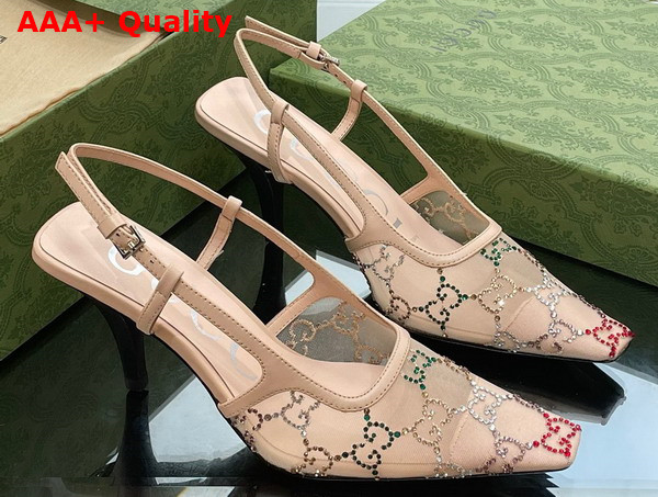 Gucci Womens GG Slingback Pump Beige Mesh with Multicolor GG Crystals 751770 Replica