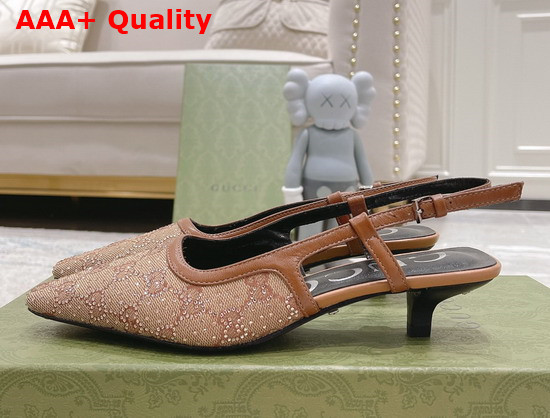 Gucci Womens GG Slingback Pump Beige and Camel GG Canvas with Crystals 675441 Replica