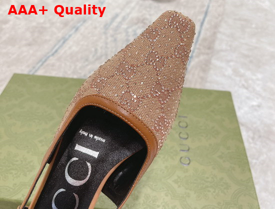 Gucci Womens GG Slingback Pump Beige and Camel GG Canvas with Crystals 675441 Replica