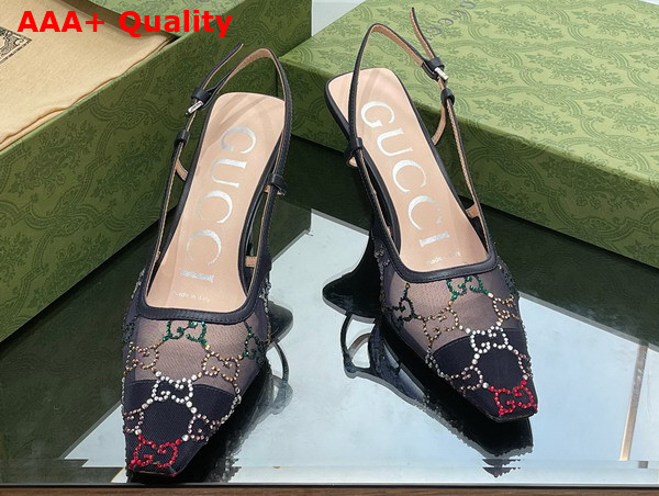 Gucci Womens GG Slingback Pump Black Mesh with Multicolor GG Crystals 751770 Replica