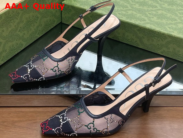 Gucci Womens GG Slingback Pump Black Mesh with Multicolor GG Crystals 751770 Replica