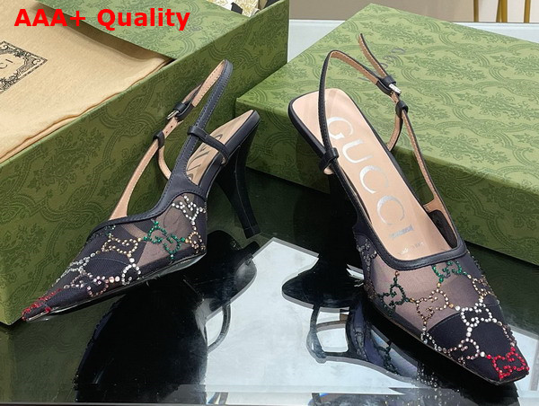 Gucci Womens GG Slingback Pump Black Mesh with Multicolor GG Crystals 751770 Replica