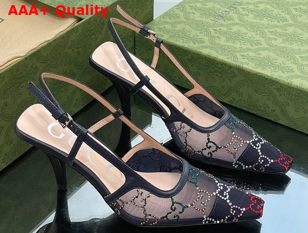 Gucci Womens GG Slingback Pump Black Mesh with Multicolor GG Crystals 751770 Replica