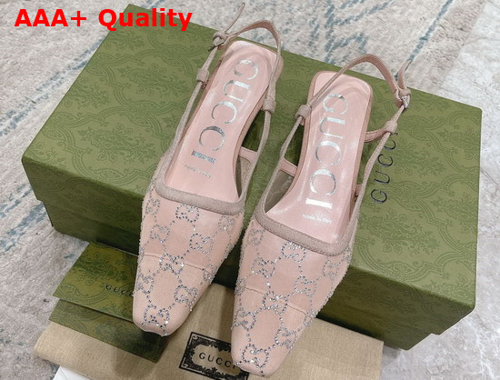 Gucci Womens GG Slingback Pump Rose Beige Mesh with GG Crystals 674668 Replica