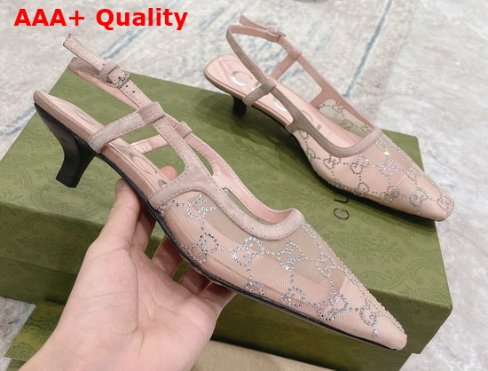 Gucci Womens GG Slingback Pump Rose Beige Mesh with GG Crystals 674668 Replica