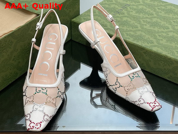 Gucci Womens GG Slingback Pump White mesh with Multicolor GG Crystals 751770 Replica