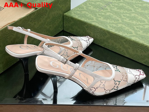 Gucci Womens GG Slingback Pump White mesh with Multicolor GG Crystals 751770 Replica