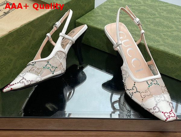 Gucci Womens GG Slingback Pump White mesh with Multicolor GG Crystals 751770 Replica