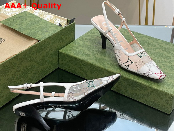 Gucci Womens GG Slingback Pump White mesh with Multicolor GG Crystals 751770 Replica