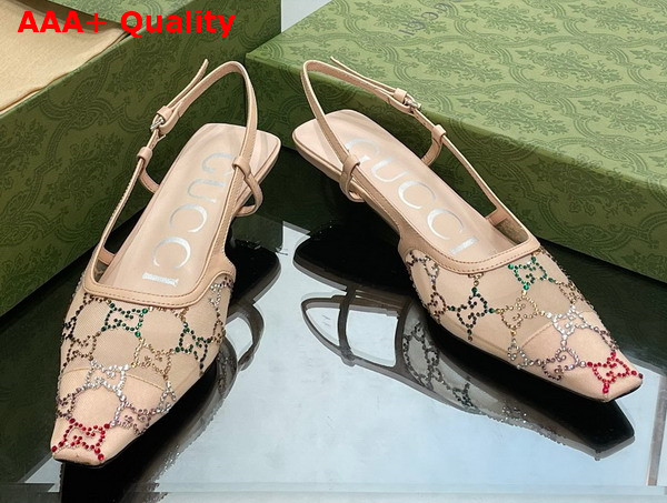 Gucci Womens GG Slingback Pump in Beige Mesh with Multicolor GG Crystals Replica