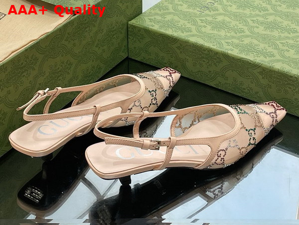 Gucci Womens GG Slingback Pump in Beige Mesh with Multicolor GG Crystals Replica