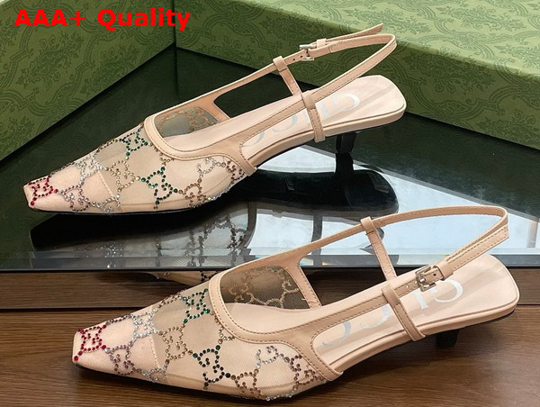 Gucci Womens GG Slingback Pump in Beige Mesh with Multicolor GG Crystals Replica