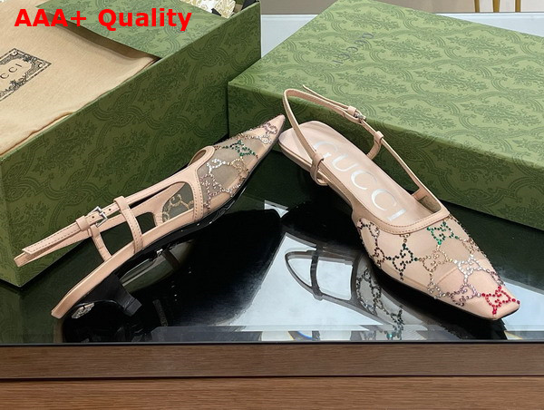 Gucci Womens GG Slingback Pump in Beige Mesh with Multicolor GG Crystals Replica