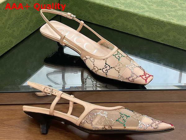 Gucci Womens GG Slingback Pump in Beige Mesh with Multicolor GG Crystals Replica