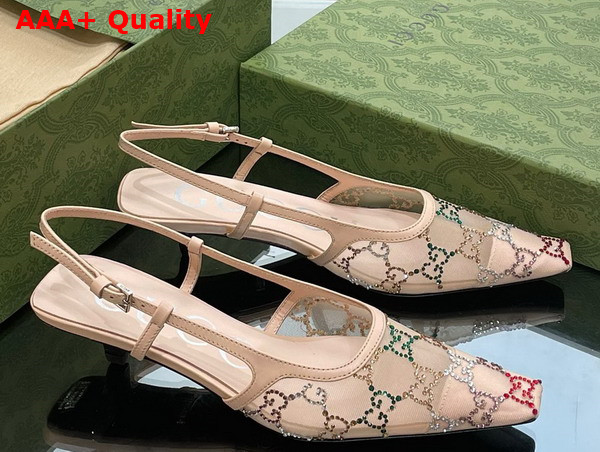 Gucci Womens GG Slingback Pump in Beige Mesh with Multicolor GG Crystals Replica