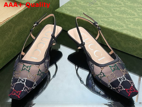 Gucci Womens GG Slingback Pump in Black Mesh with Multicolor GG Crystals Replica