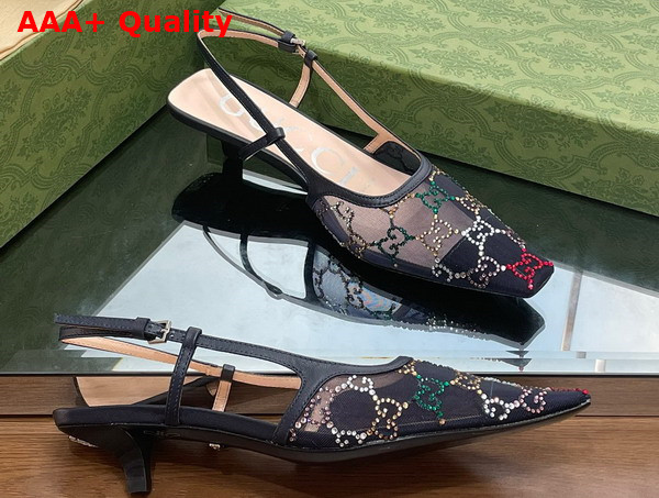 Gucci Womens GG Slingback Pump in Black Mesh with Multicolor GG Crystals Replica