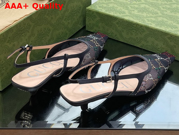 Gucci Womens GG Slingback Pump in Black Mesh with Multicolor GG Crystals Replica