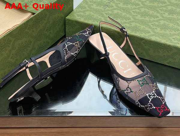 Gucci Womens GG Slingback Pump in Black Mesh with Multicolor GG Crystals Replica