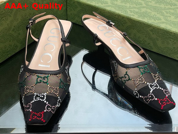 Gucci Womens GG Slingback Pump in Black Mesh with Multicolor GG Crystals Replica