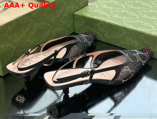 Gucci Womens GG Slingback Pump in Black Mesh with Multicolor GG Crystals Replica