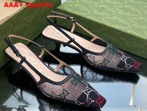 Gucci Womens GG Slingback Pump in Black Mesh with Multicolor GG Crystals Replica