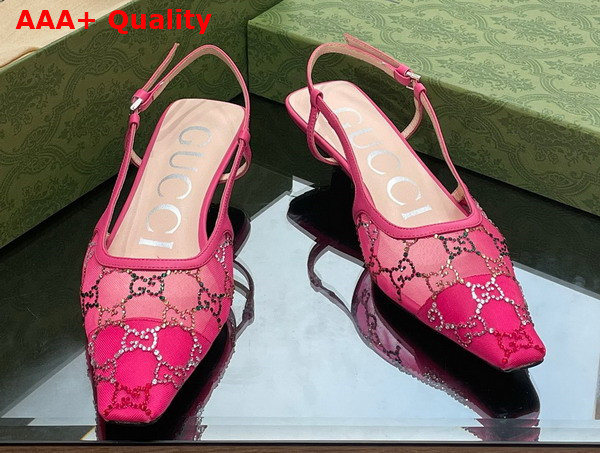 Gucci Womens GG Slingback Pump in Pink Mesh with Multicolor GG Crystals Replica