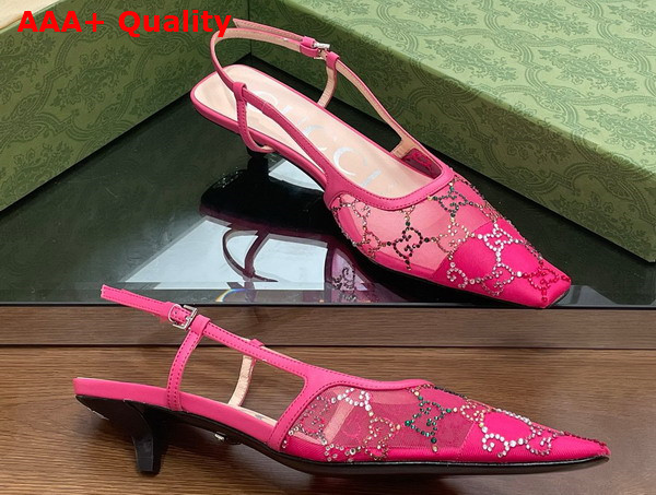 Gucci Womens GG Slingback Pump in Pink Mesh with Multicolor GG Crystals Replica