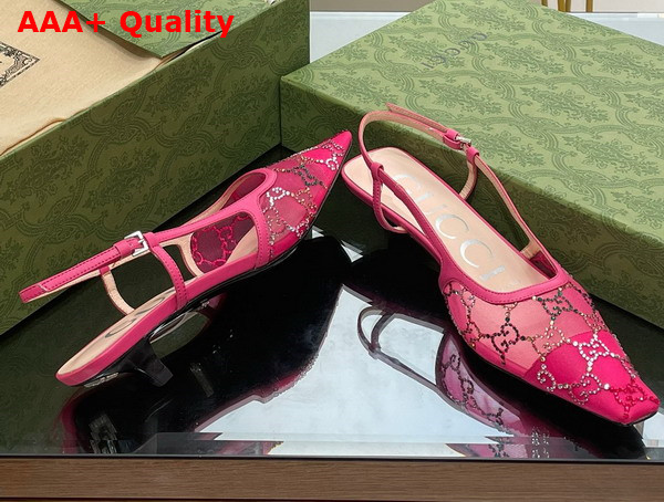 Gucci Womens GG Slingback Pump in Pink Mesh with Multicolor GG Crystals Replica