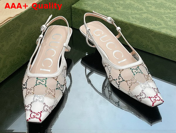 Gucci Womens GG Slingback Pump in White Mesh with Multicolor GG Crystals Replica