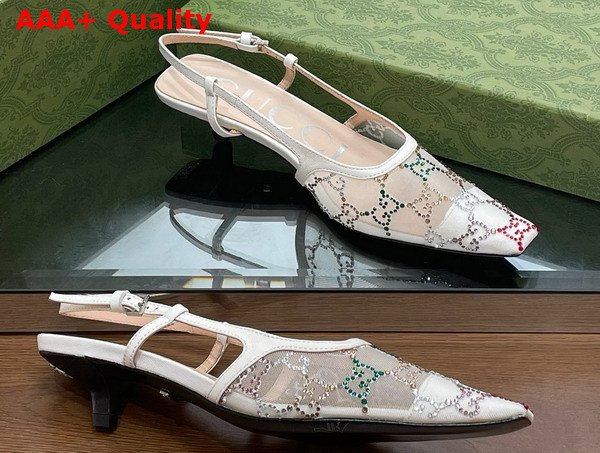 Gucci Womens GG Slingback Pump in White Mesh with Multicolor GG Crystals Replica