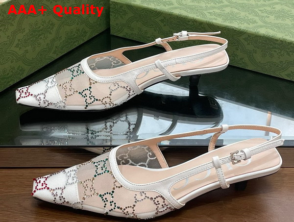 Gucci Womens GG Slingback Pump in White Mesh with Multicolor GG Crystals Replica