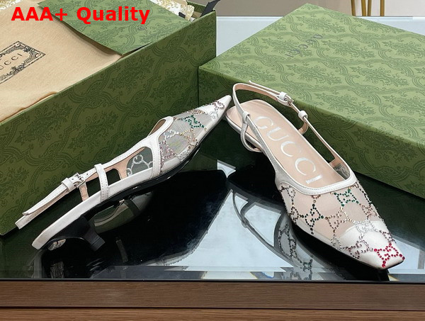 Gucci Womens GG Slingback Pump in White Mesh with Multicolor GG Crystals Replica