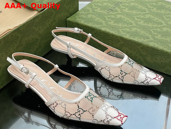 Gucci Womens GG Slingback Pump in White Mesh with Multicolor GG Crystals Replica