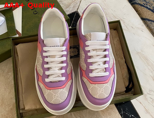 Gucci Womens GG Sneaker White and Beige GG Supreme Canvas Pink and Purple Leather Trim 670408 Replica